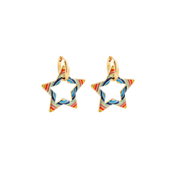 Goldtone Multi Coloured Open Star Hooped Earrings
