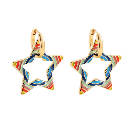 Goldtone Multi Coloured Open Star Hooped Earrings