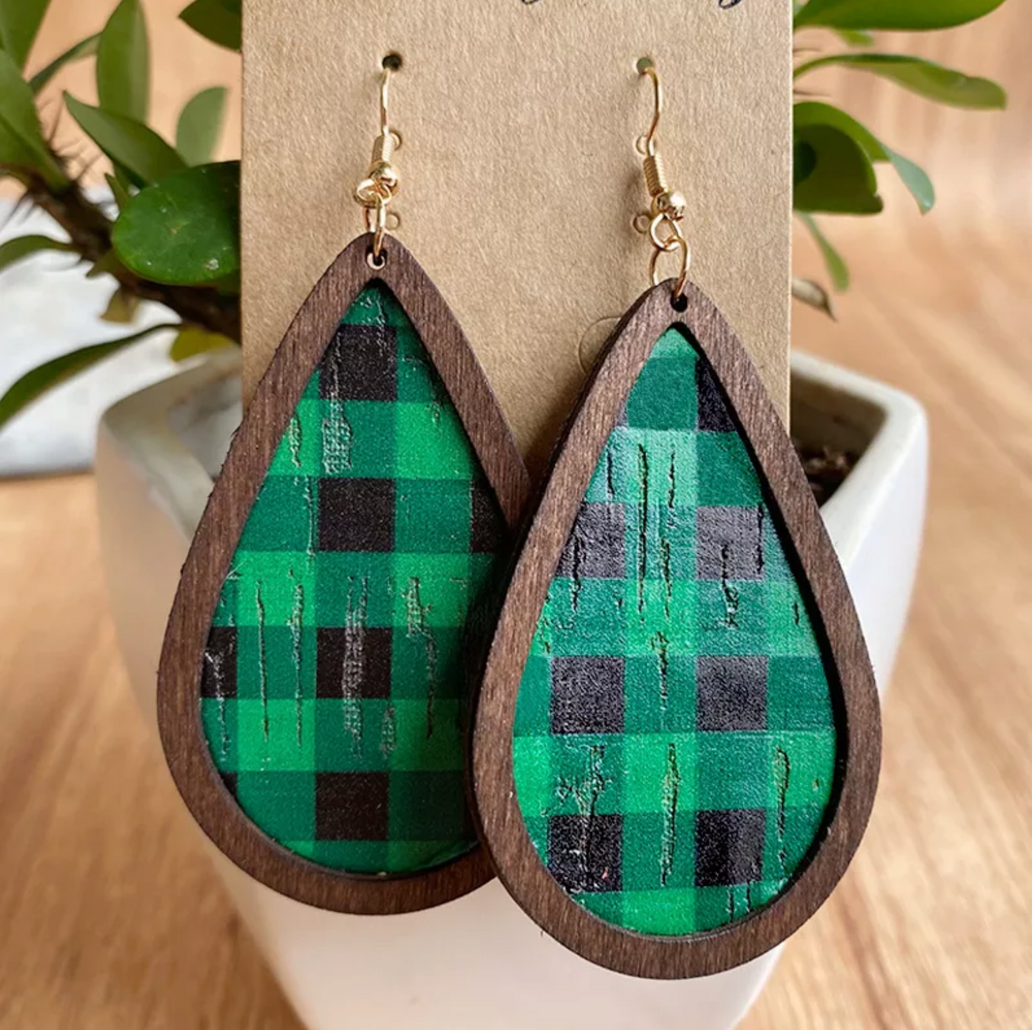 Holiday Patterned & Wooden Teardrop Earrings