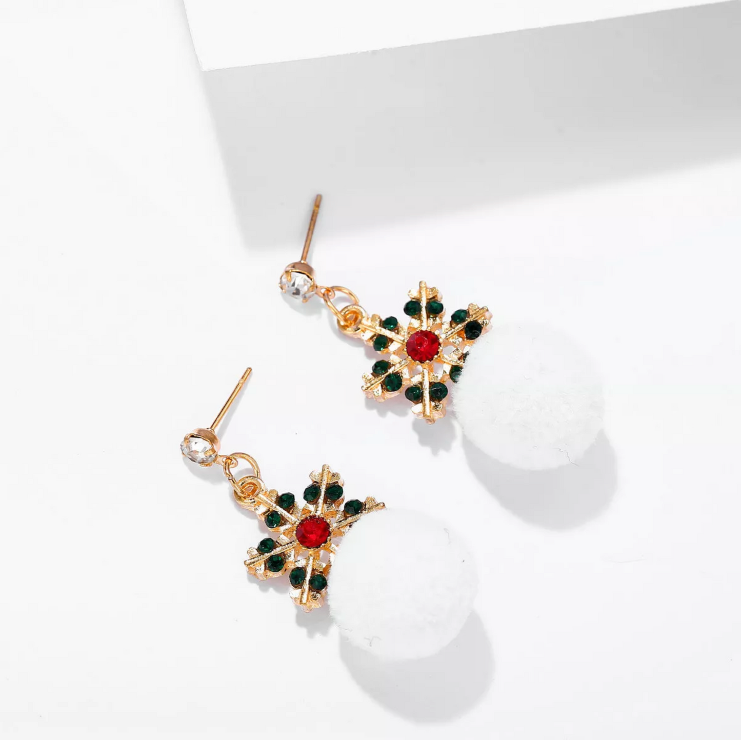 Red & Green Crystal Snowflake Drop Earrings With White Pom Pom