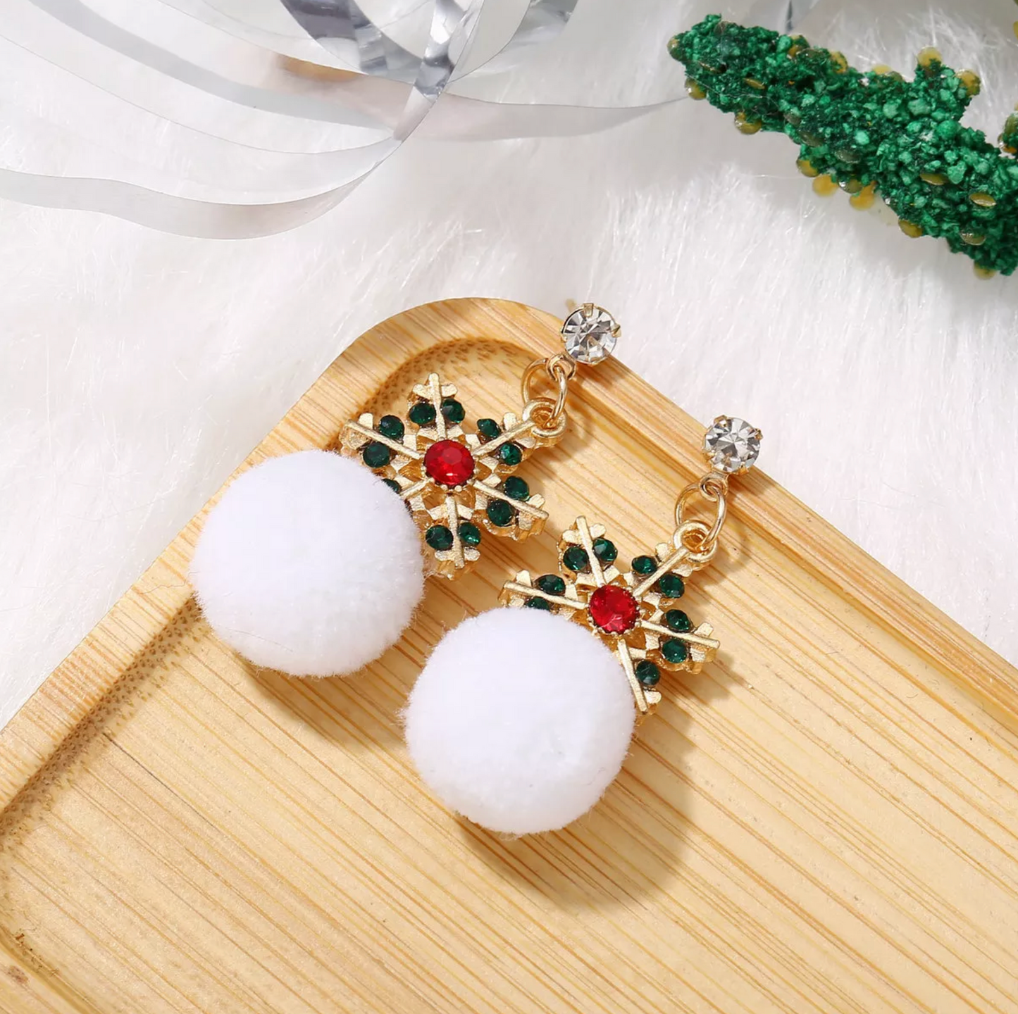 Red & Green Crystal Snowflake Drop Earrings With White Pom Pom