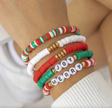 Red, White & Green Joy & Merry Beaded Bracelet Set