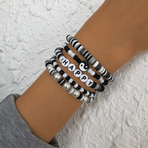 Black & White Beaded Happy Bracelet Set