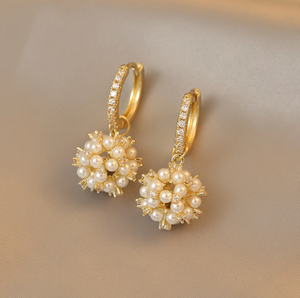 Goldtone & Cz Pave Huggie Hoop Earrings With Faux Pearl Cluster Charm