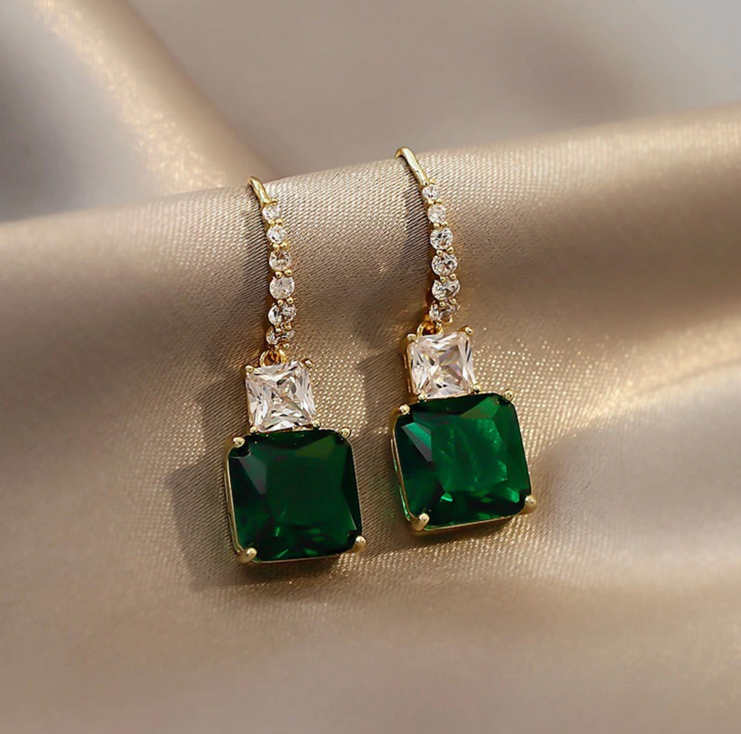 Goldtone Princess Cut Cubic Zirconia Drop Earrings In Clear And Emerald Green