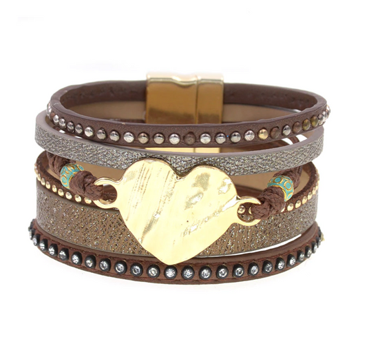 Faux Leather Multi-Strand Studded Bracelet with Goldtone Heart