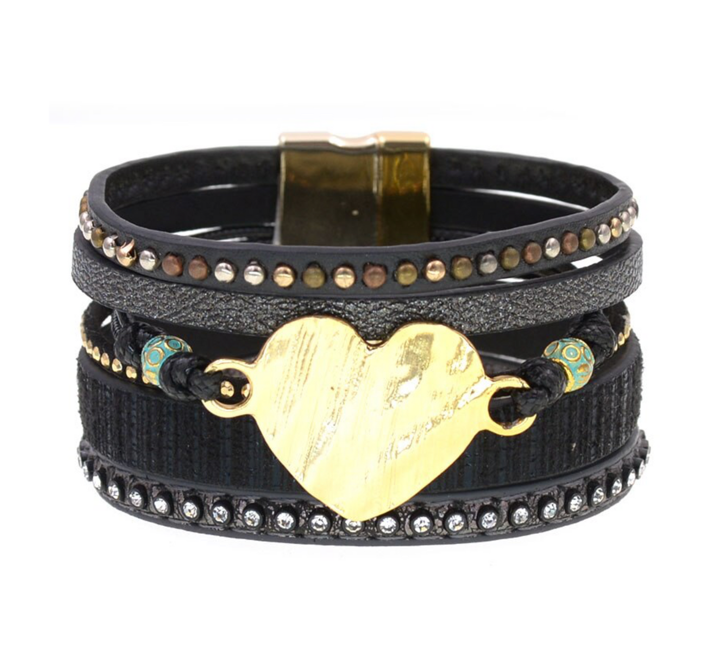 Faux Leather Multi-Strand Studded Bracelet with Goldtone Heart