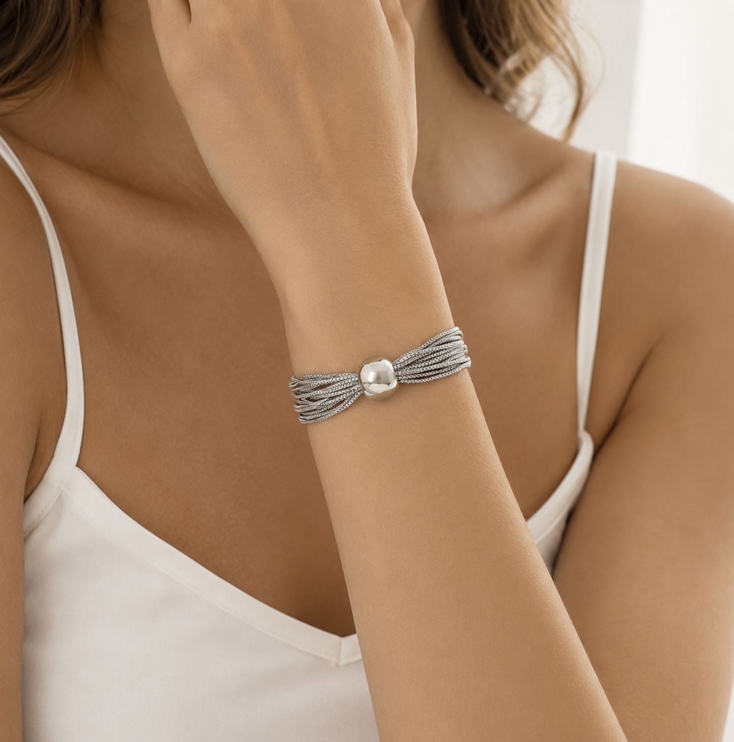 Silvertone Multi Strand And Ball Bracelet