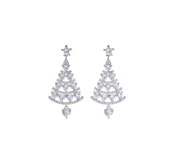 Silvertone & Clear Crystal Christmas Tree Drop Earrings