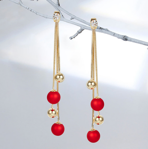 Goldtone & Red Chain Ball Drop Earrings