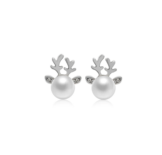 Pearls And Crystal Deer Stud Earrings In Silvertone
