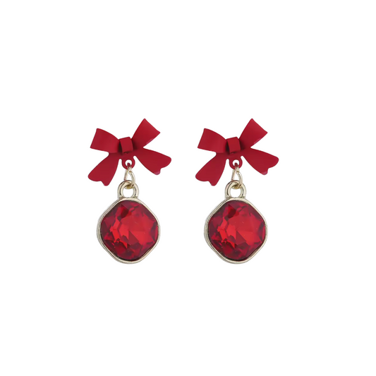 Red Bow Crystal Drop Earrings with Gold-Tone Detail – Playful Statement Jewellery