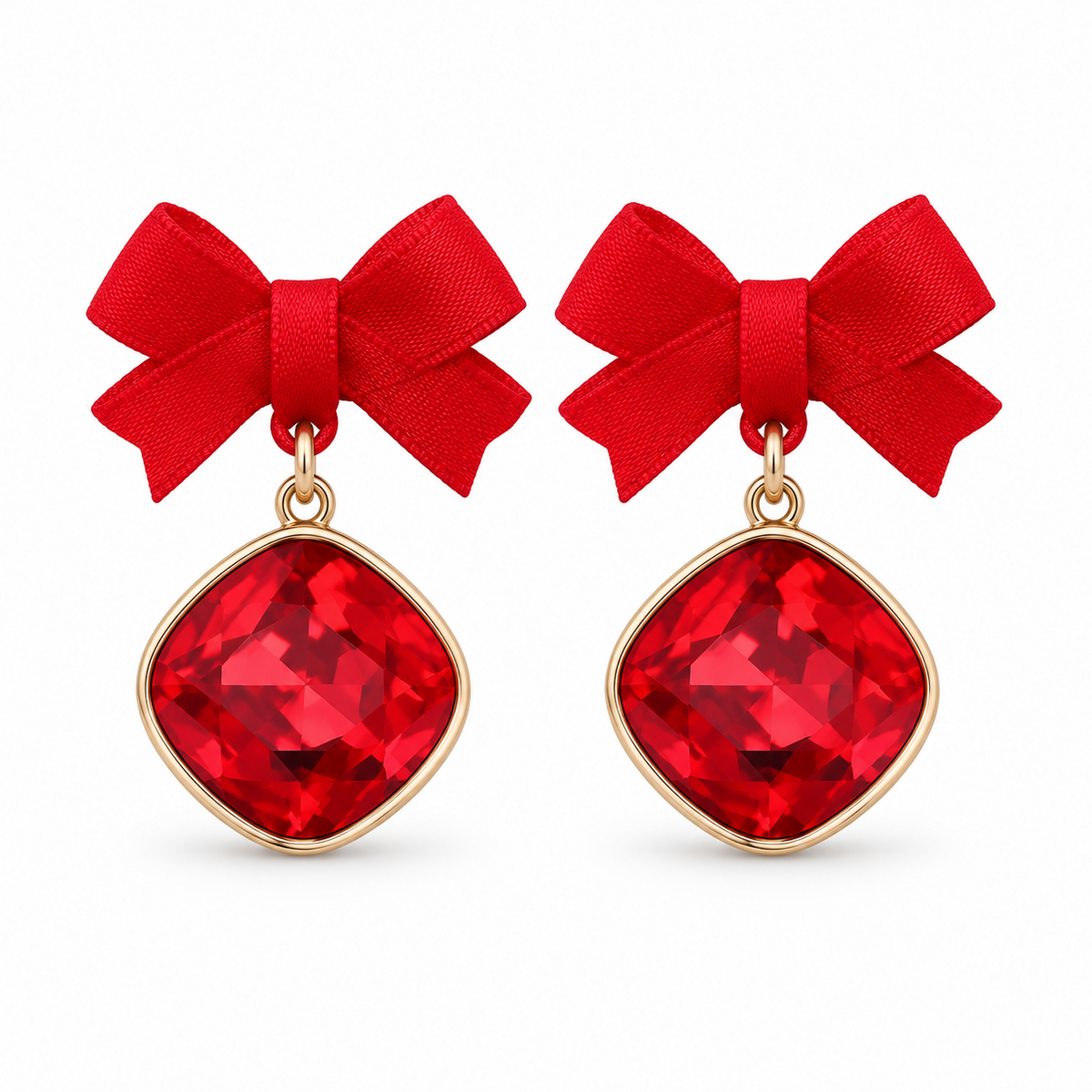 Red Crystal Bow Drop Earrings In Gold — alternate view, SKU 103122-50