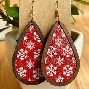 Red & White Snowflake Faux Leather Teardrop Earrings