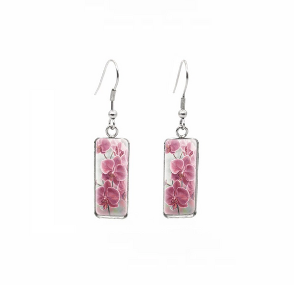 Pink Orchids Rectangular Drop Earrings