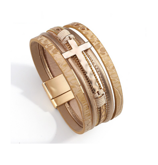 Goldtone Faux Leather Multi Strand Bracelet With Cross