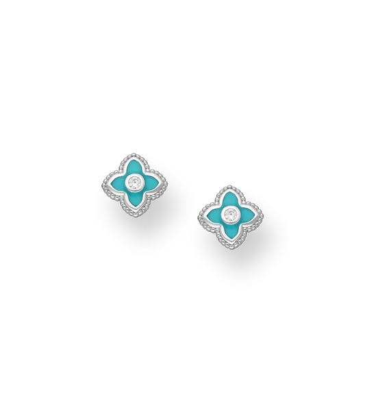 Turquoise Enamel Flower Drop Earrings - Ag Sterling