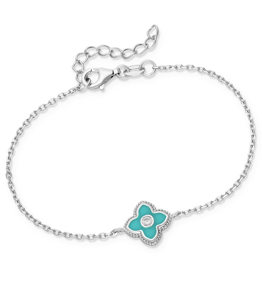 Sterling Silver Rhodium-Plated Enamel Flower Bracelet