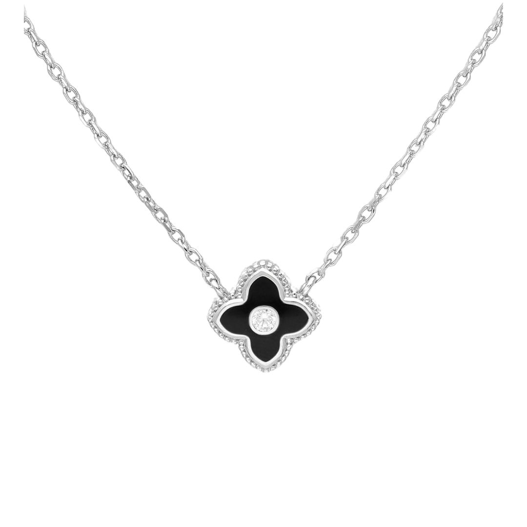 Black Enamel Flower Charm Necklace - Ag Sterling