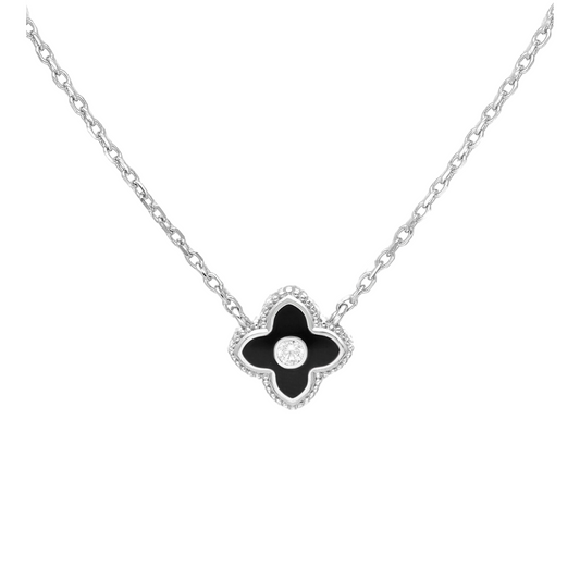 Black Enamel Flower Charm Necklace - Ag Sterling