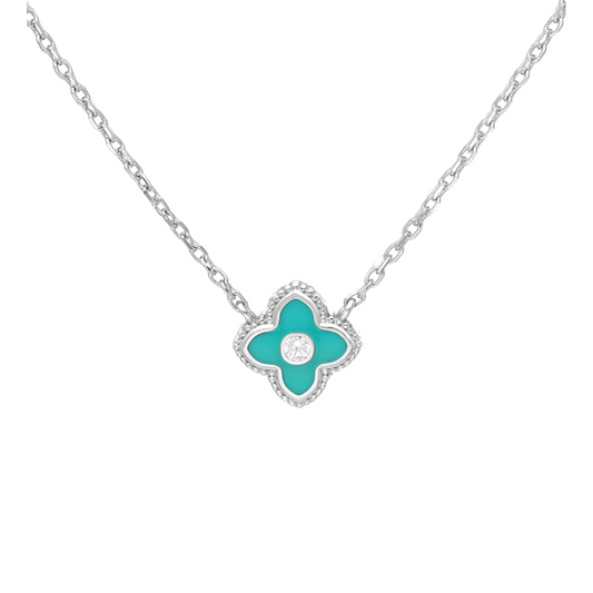 Turquoise Enamel Flower Charm Necklace - Ag Sterling