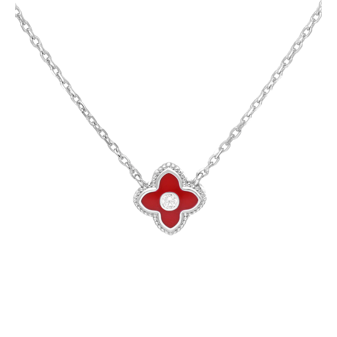 Red Enamel Flower Charm Necklace - Ag Sterling