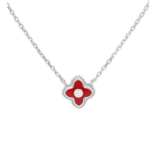 Red Enamel Flower Charm Necklace - Ag Sterling