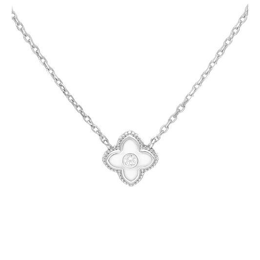 White Enamel Flower Charm Necklace - Ag Sterling