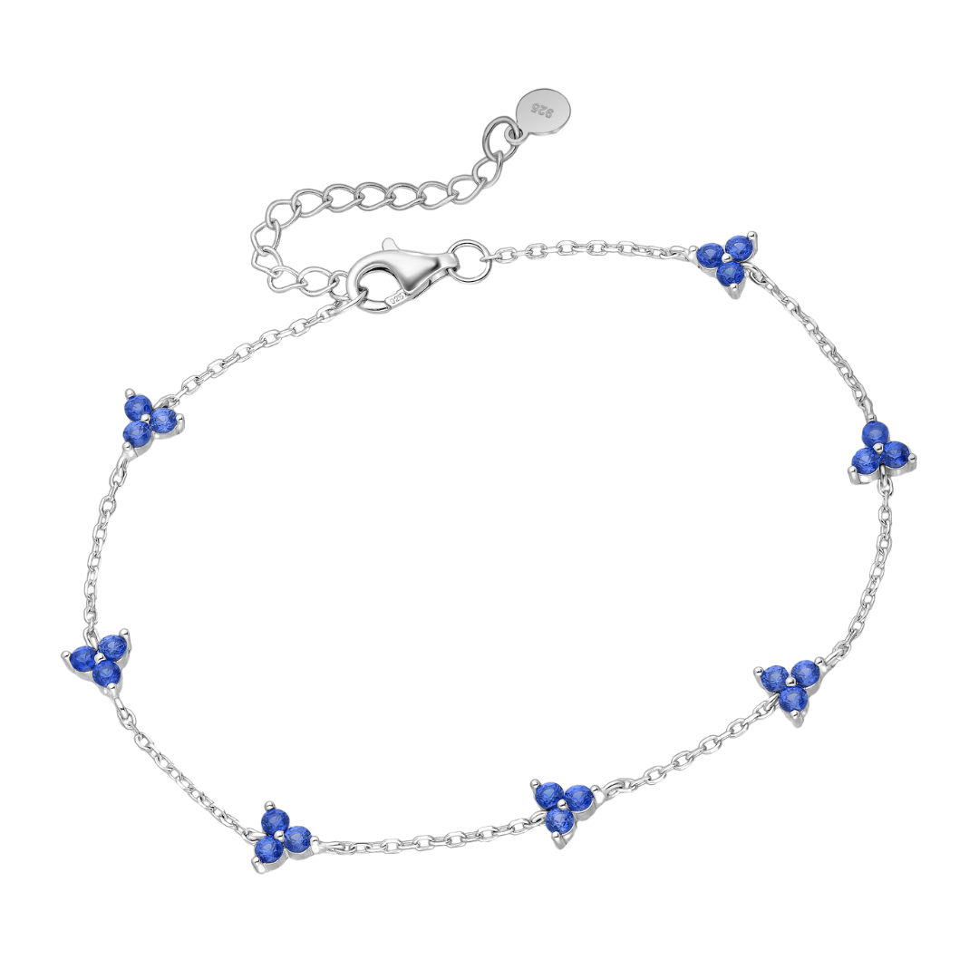 Blue Sapphire Flower Charm Bracelet - 925 Sterling Silver - Ag Sterling