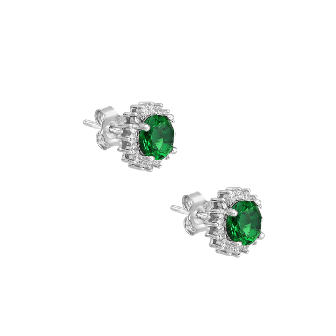 CZ Simulated Emerald and Diamond Halo Stud Earrings - 925 Sterling Silver - Ag Sterling