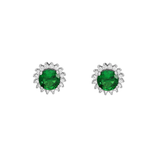 CZ Simulated Emerald and Diamond Halo Stud Earrings - 925 Sterling Silver - Ag Sterling