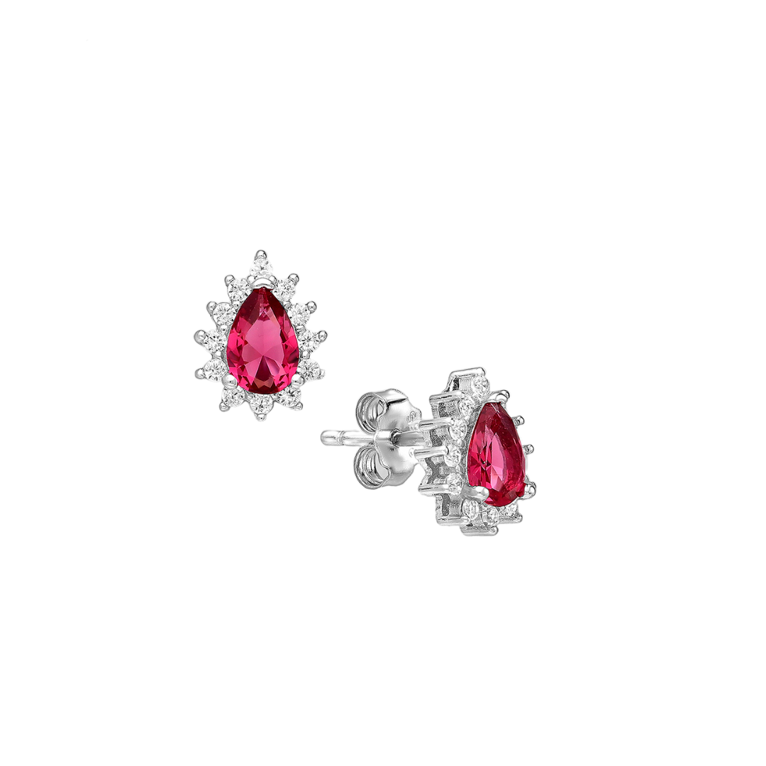 CZ Simulated Ruby Teardrop Halo Stud Earrings - 925 Sterling Silver - Ag Sterling