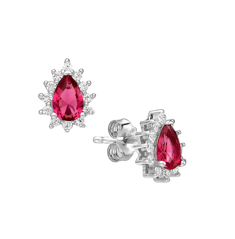 CZ Simulated Ruby Teardrop Halo Stud Earrings - 925 Sterling Silver - Ag Sterling