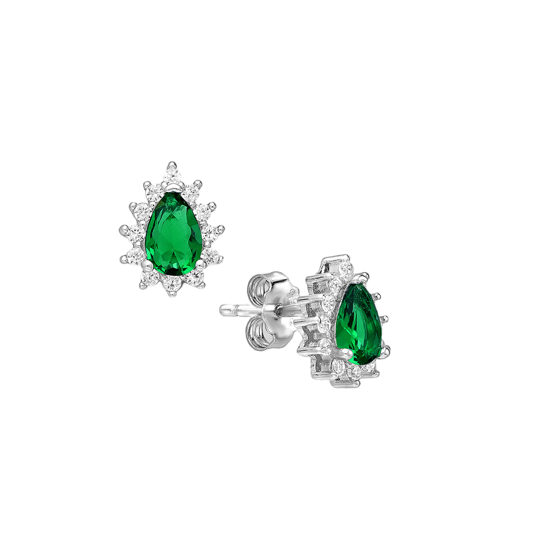 CZ Simulated Emerald Teardrop Halo Stud Earrings - 925 Sterling Silver - Ag Sterling