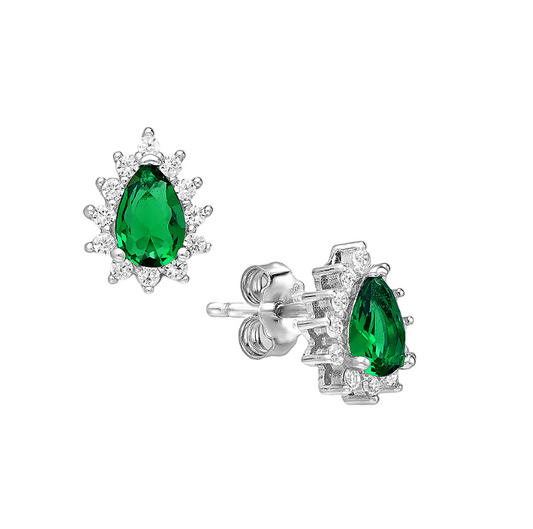 CZ Simulated Emerald Teardrop Halo Stud Earrings - 925 Sterling Silver - Ag Sterling