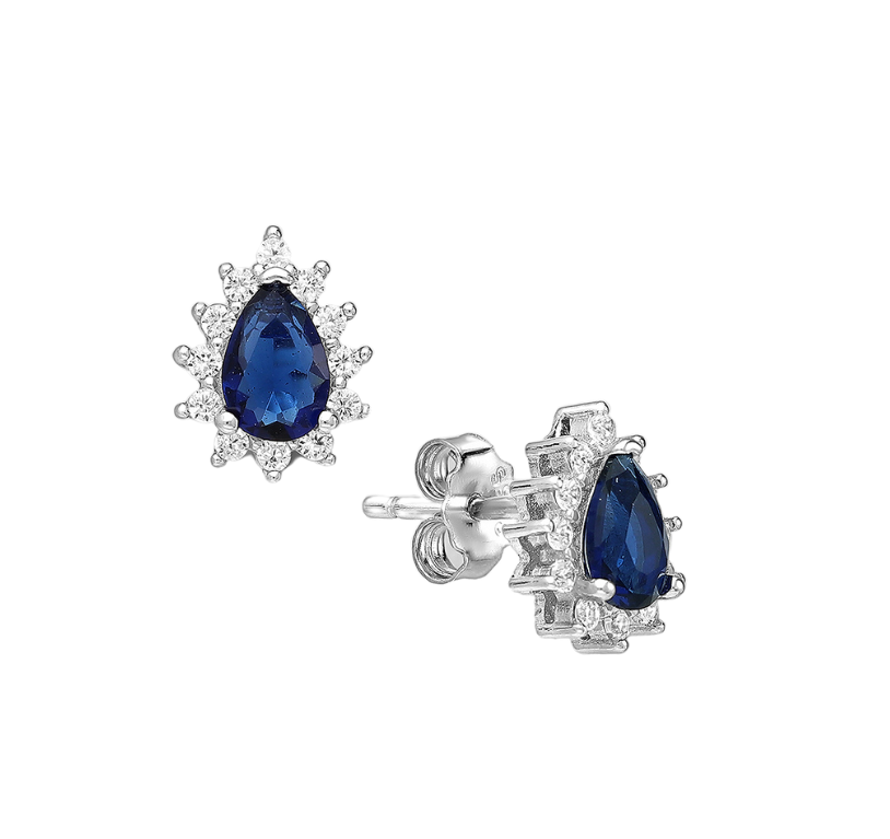 CZ Simulated Sapphire Teardrop Halo Stud Earrings - 925 Sterling Silver - Ag Sterling