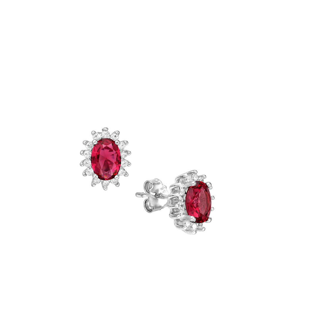 CZ Simulated Ruby Oval Halo Stud Earrings - 925 Sterling Silver - Ag Sterling