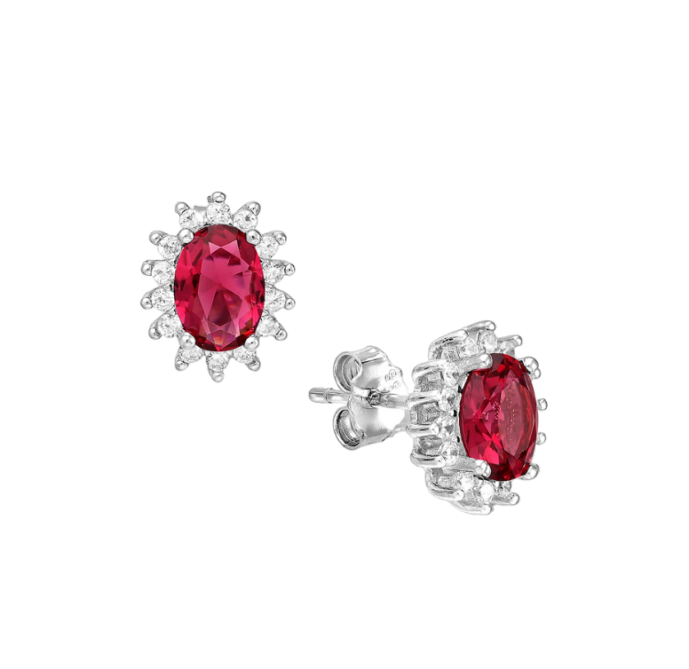 CZ Simulated Ruby Oval Halo Stud Earrings - 925 Sterling Silver - Ag Sterling