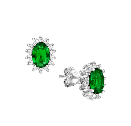 CZ Simulated Emerald Oval Halo Stud Earrings - 925 Sterling Silver - Ag Sterling