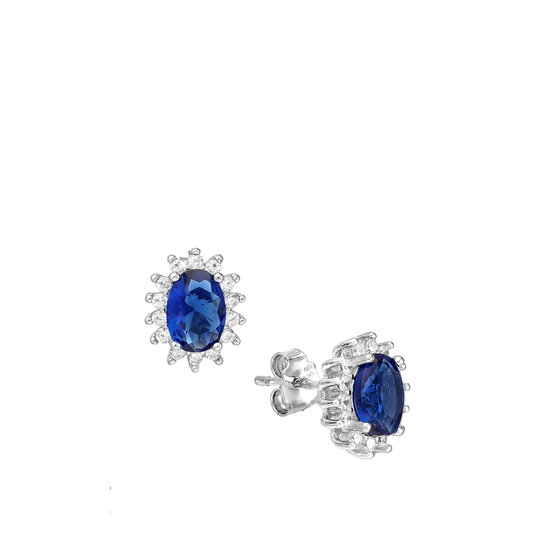 CZ Simulated Sapphire Oval Halo Stud Earrings - 925 Sterling Silver - Ag Sterling