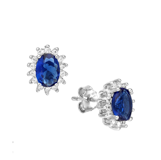 CZ Simulated Sapphire Oval Halo Stud Earrings - 925 Sterling Silver - Ag Sterling