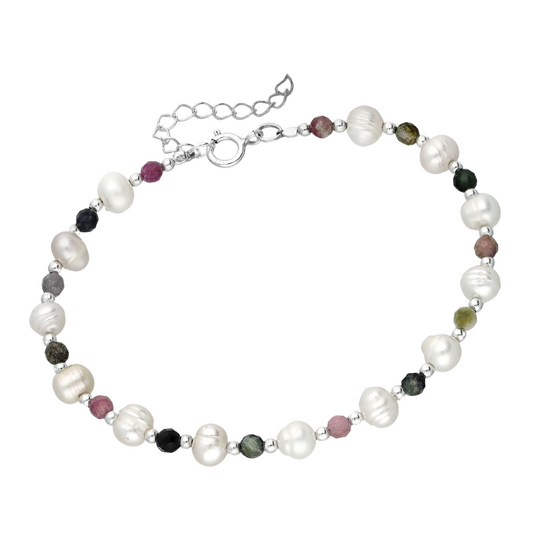 Sterling Silver Freshwater Pearl and Tourmaline Beaded Bracelet