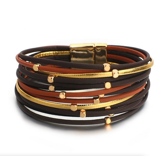Brown, Black Goldtone Faux Leather Multi-strand Bracelet
