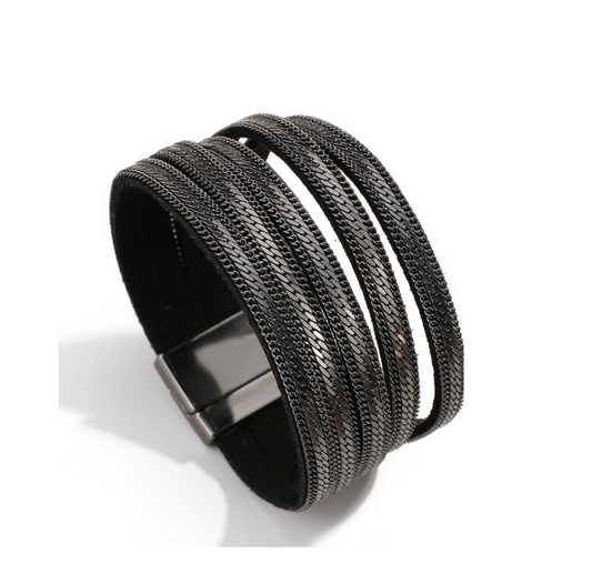 Black Omega Chain Multi-strand Faux Leather Bracelet