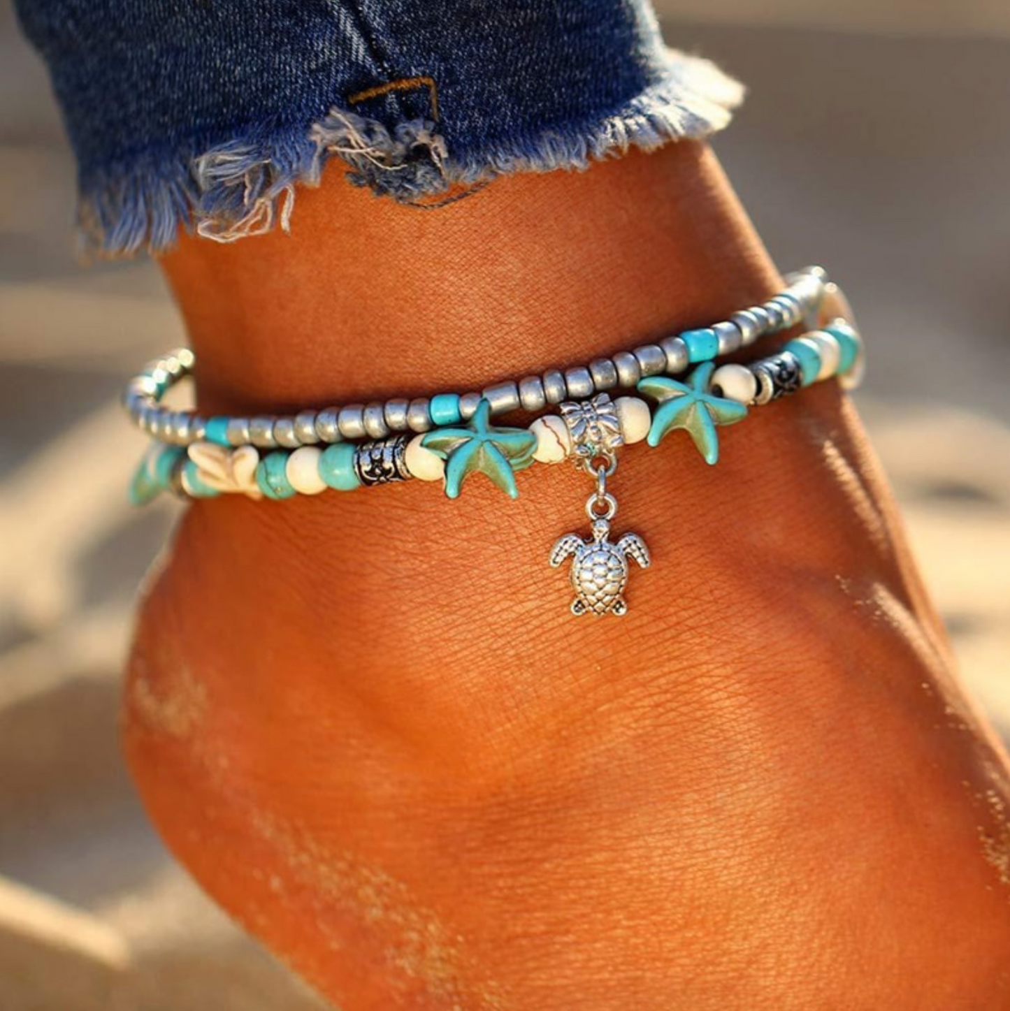 Turquoise Starfish Beaded Turtle Anklet Set