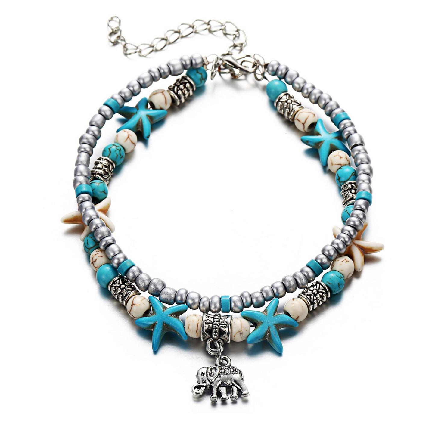 Turquoise Starfish Beaded Elephant Anklet Set