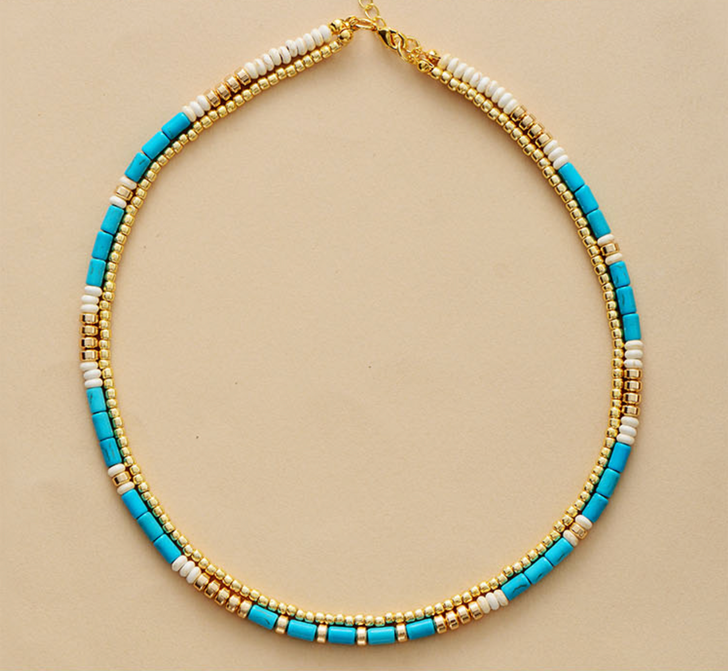 Goldtone Seed Beads & Turquoise Tube Beads Necklace