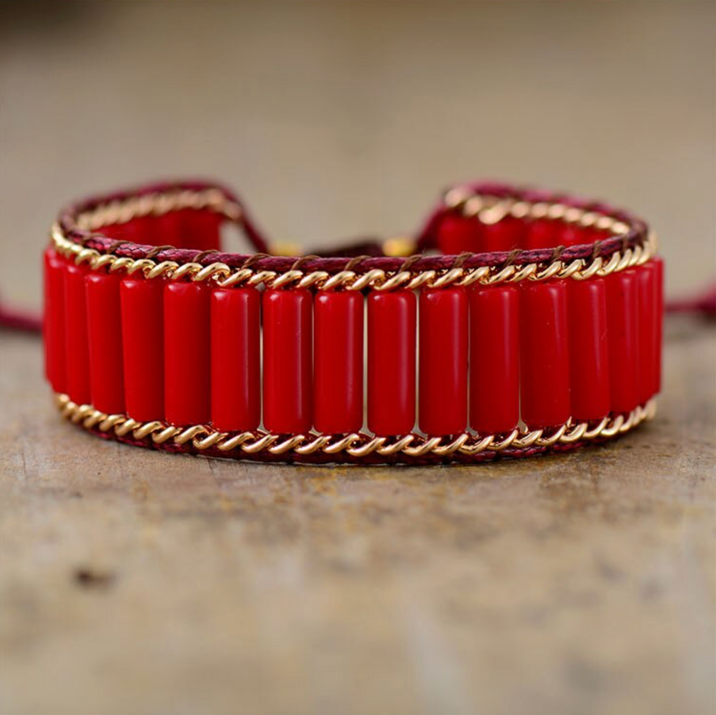 Red Jade & Goldtone Tubular Bracelet