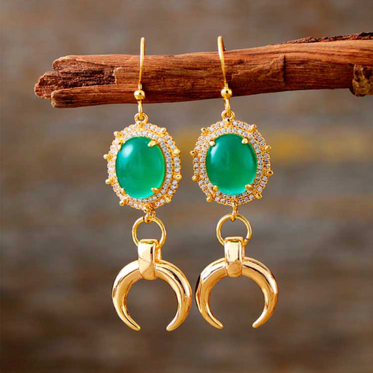 Green Jade & Goldtone Framed Horn Drop Earrings