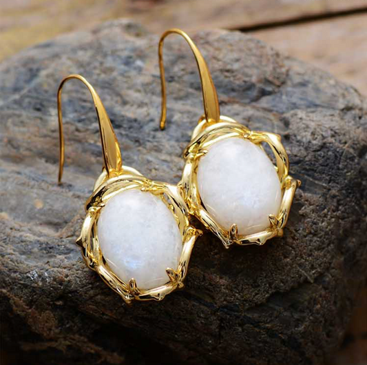 White Jade & Goldtone Framed Drop Earrings